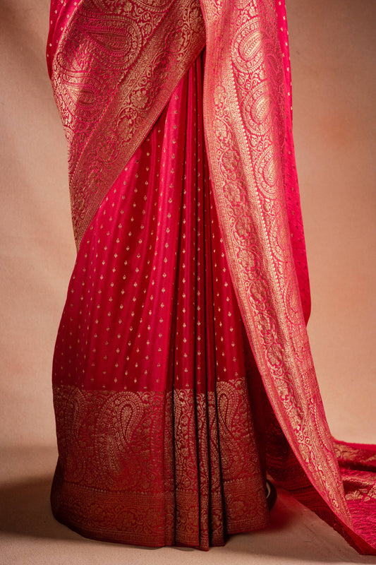 Red Crepe Silk Saree with Paisley Zari Border