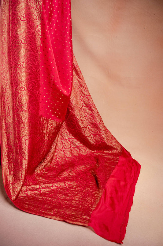Red Crepe Silk Saree with Paisley Zari Border