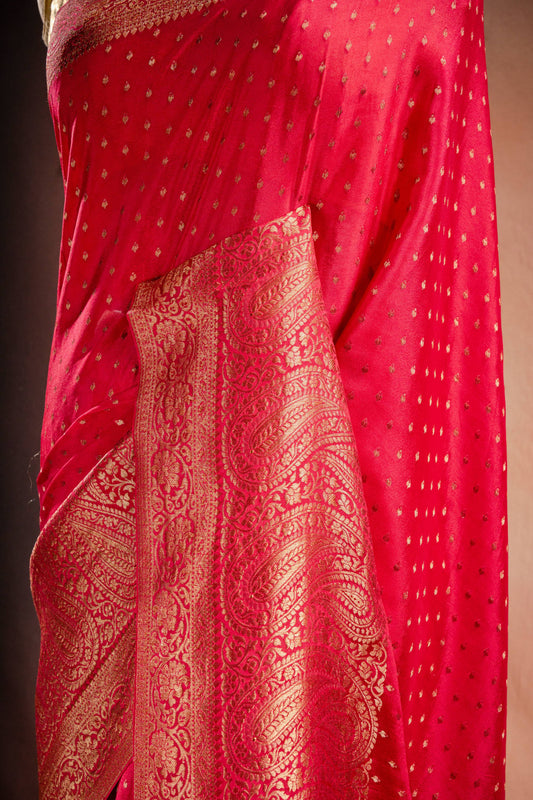 Red Crepe Silk Saree with Paisley Zari Border