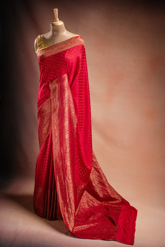 Red Crepe Silk Saree with Paisley Zari Border