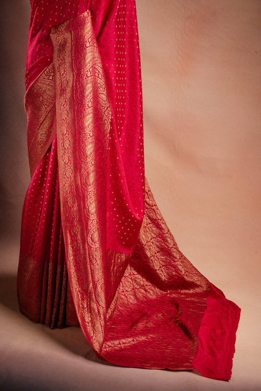 Red Crepe Silk Saree with Paisley Zari Border