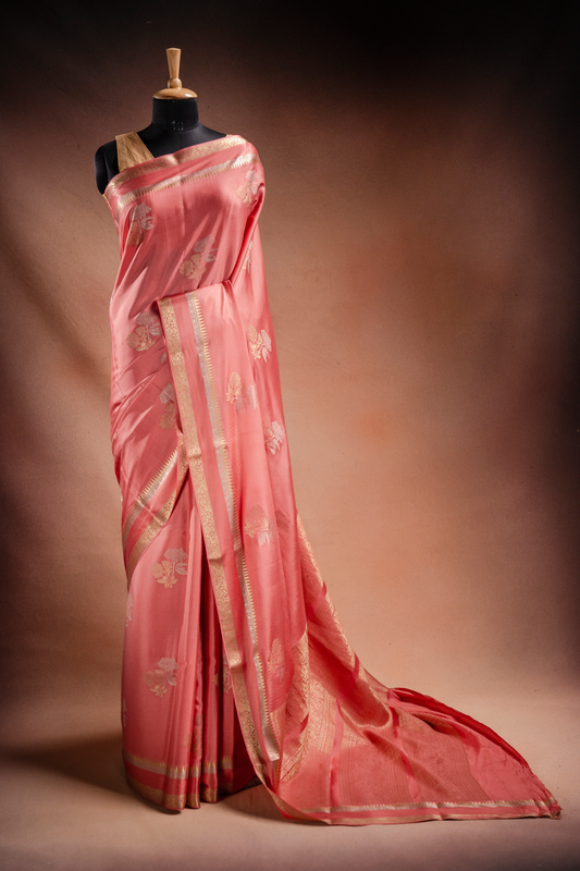 Peach Crepe Silk Saree with Double Mispick Zari Roses
