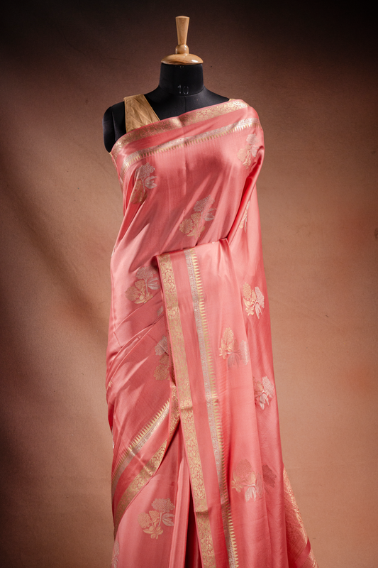 Peach Crepe Silk Saree with Double Mispick Zari Roses