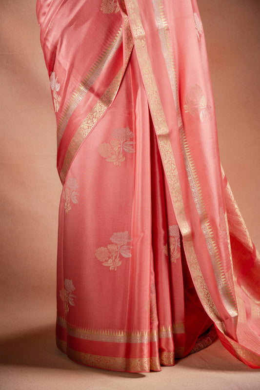 Peach Crepe Silk Saree with Double Mispick Zari Roses