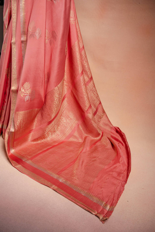 Peach Crepe Silk Saree with Double Mispick Zari Roses