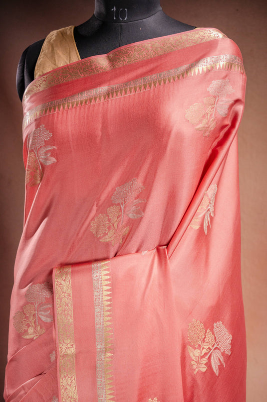 Peach Crepe Silk Saree with Double Mispick Zari Roses