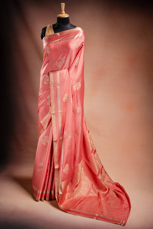 Peach Crepe Silk Saree with Double Mispick Zari Roses