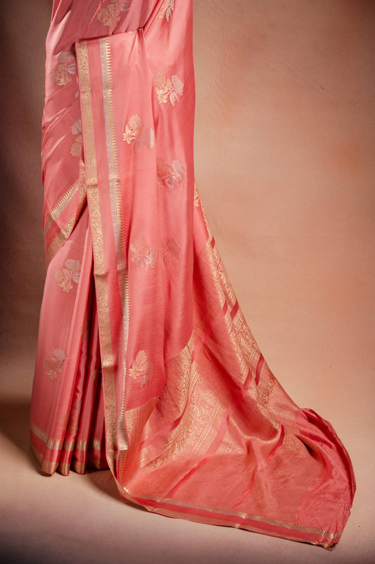 Peach Crepe Silk Saree with Double Mispick Zari Roses