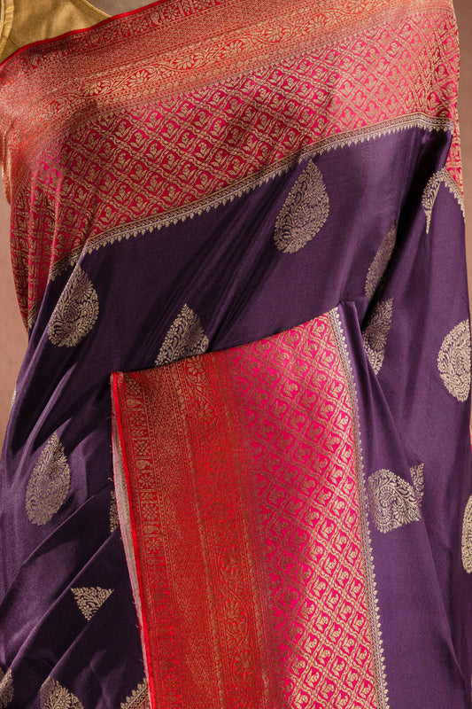 Purple Crepe Silk Saree with Pink-Red Contrast Border and Zari Buttas