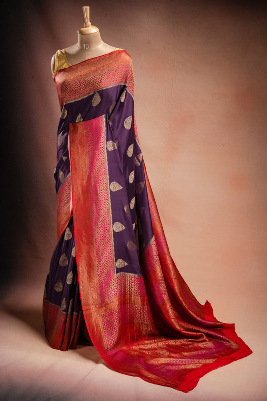 Purple Crepe Silk Saree with Pink-Red Contrast Border and Zari Buttas