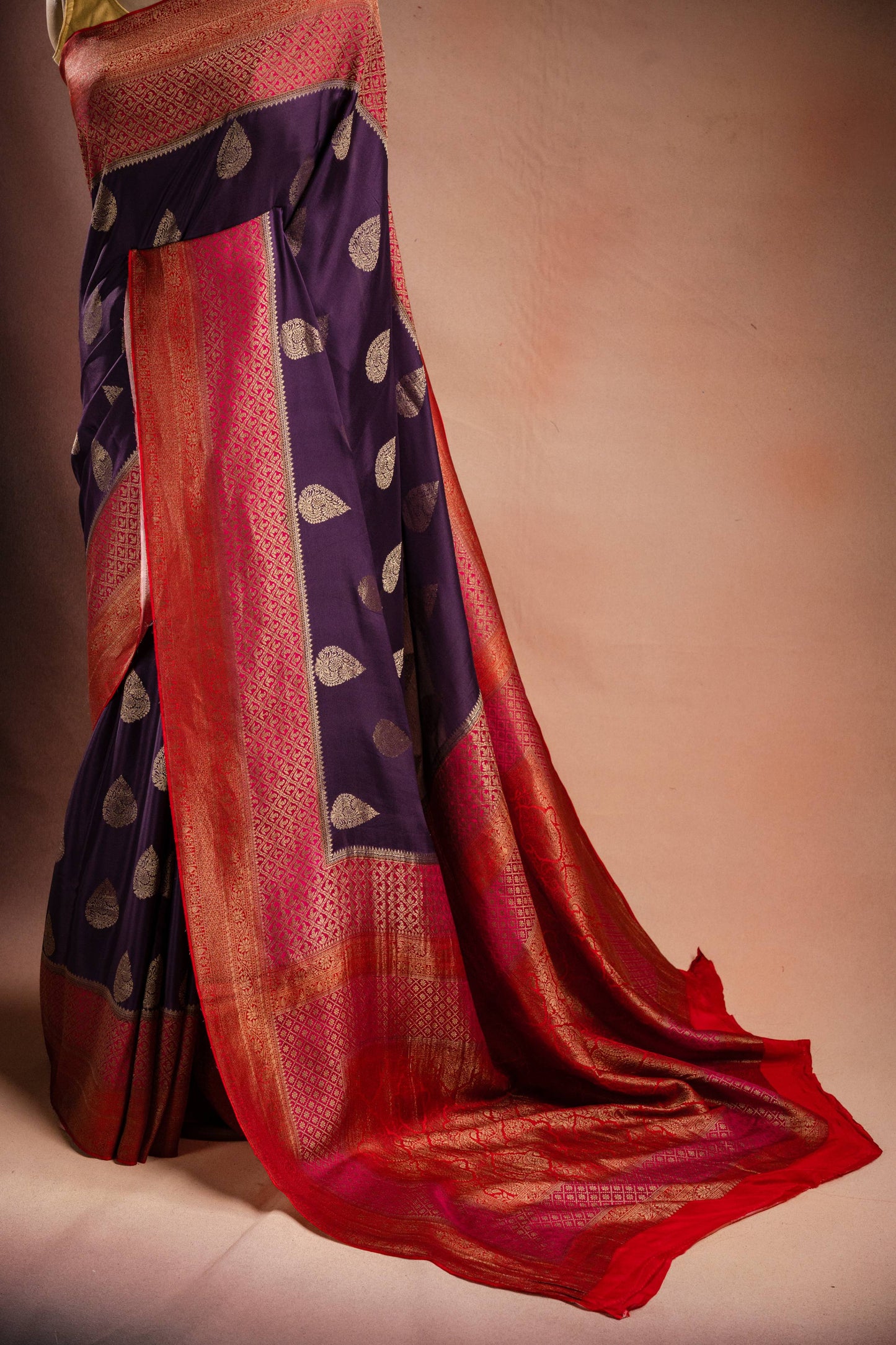 Purple Crepe Silk Saree with Pink-Red Contrast Border and Zari Buttas