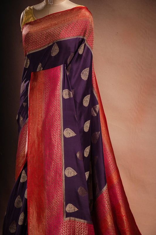 Purple Crepe Silk Saree with Pink-Red Contrast Border and Zari Buttas