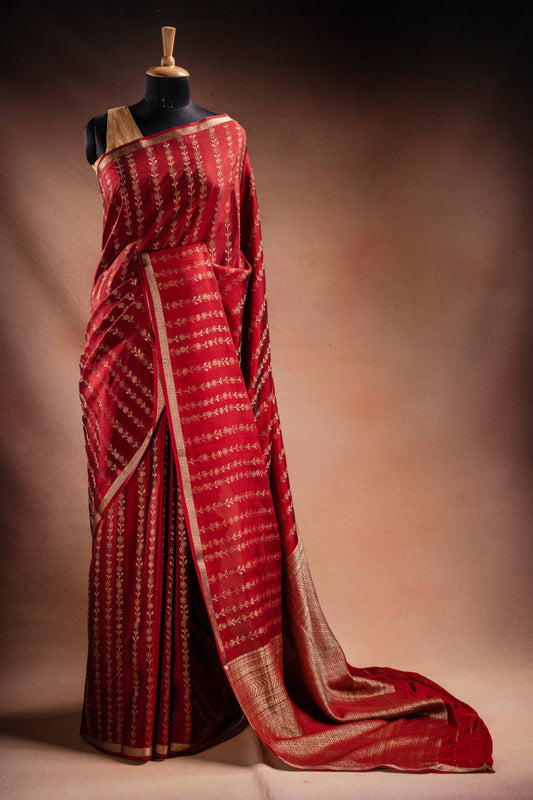 Red Crepe Silk Saree with Floral Zari Stripes