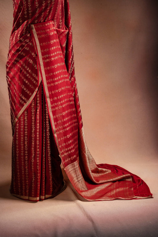 Red Crepe Silk Saree with Floral Zari Stripes