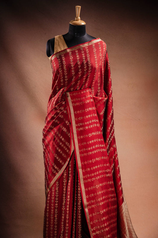 Red Crepe Silk Saree with Floral Zari Stripes