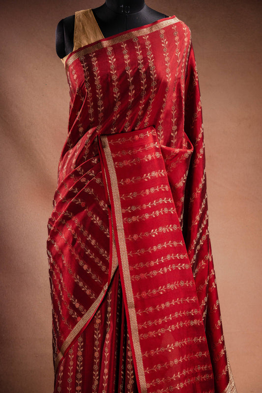 Red Crepe Silk Saree with Floral Zari Stripes