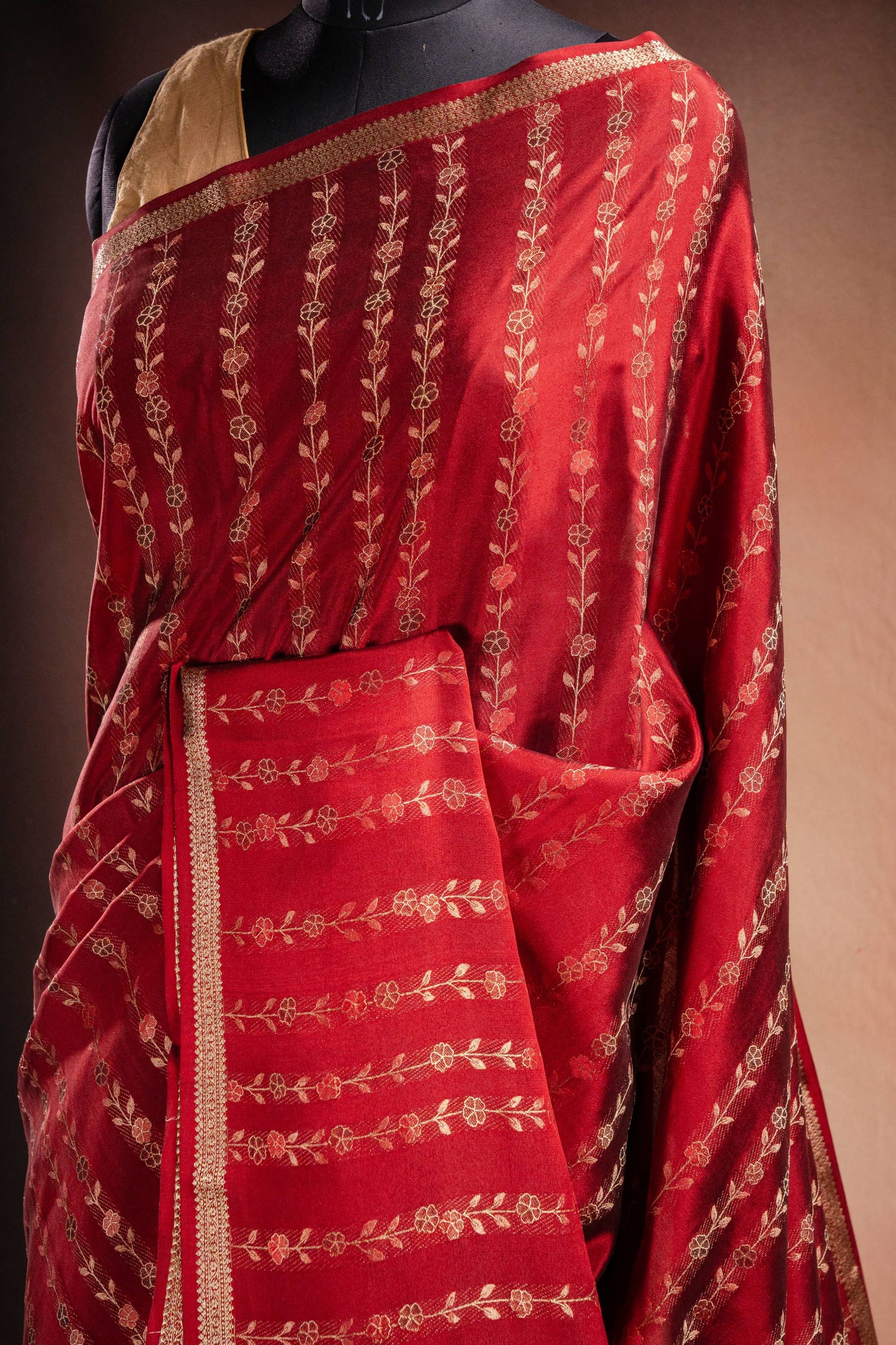 Red Crepe Silk Saree with Floral Zari Stripes