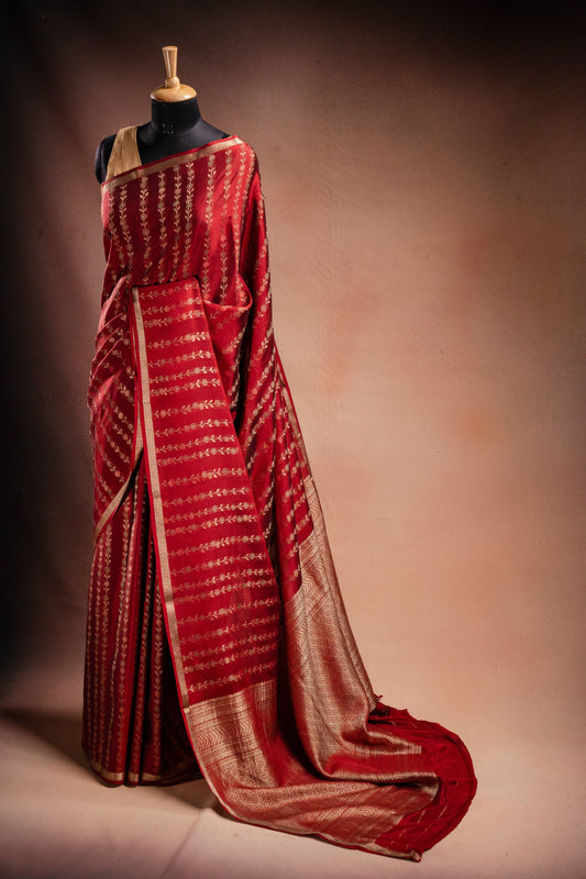 Red Crepe Silk Saree with Floral Zari Stripes