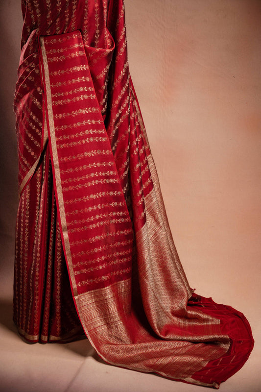 Red Crepe Silk Saree with Floral Zari Stripes