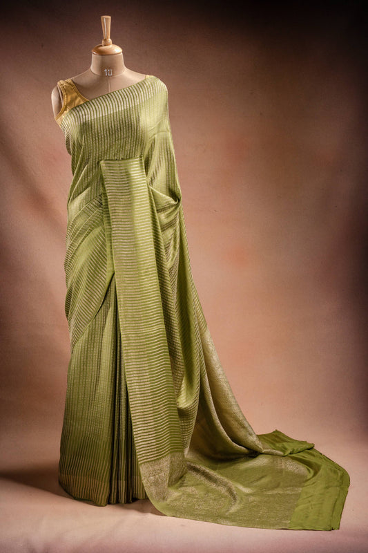 Green Crepe Silk Saree with Zari Stripes
