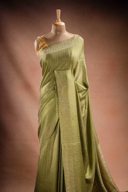 Green Crepe Silk Saree with Zari Stripes