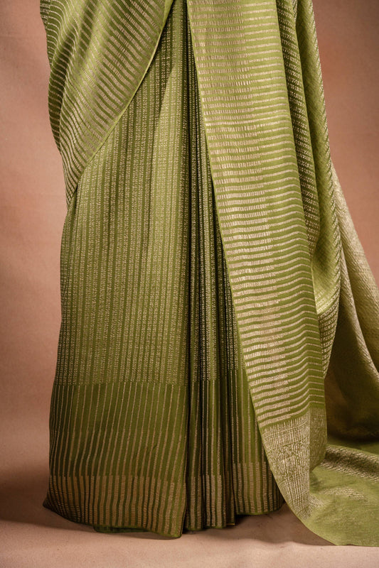 Green Crepe Silk Saree with Zari Stripes