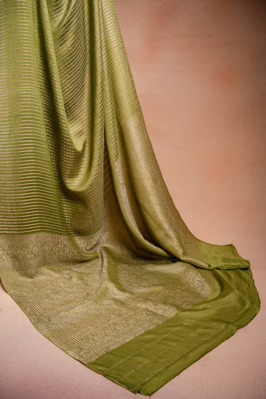 Green Crepe Silk Saree with Zari Stripes