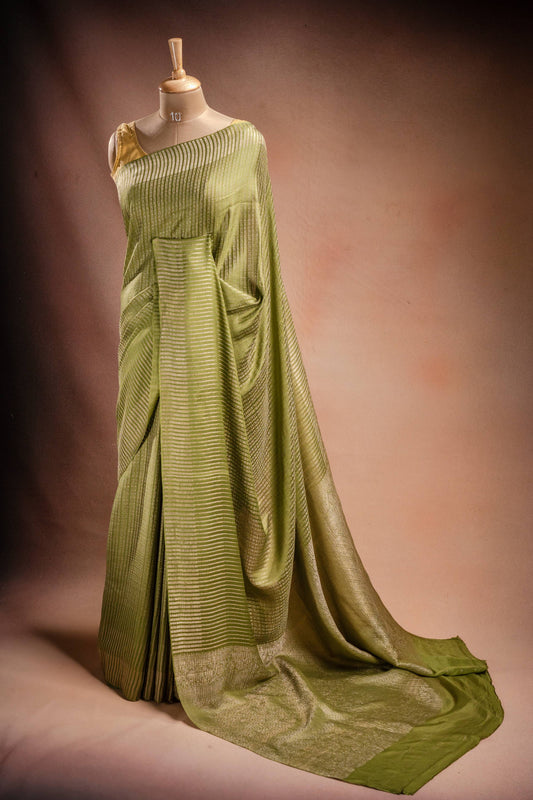 Green Crepe Silk Saree with Zari Stripes