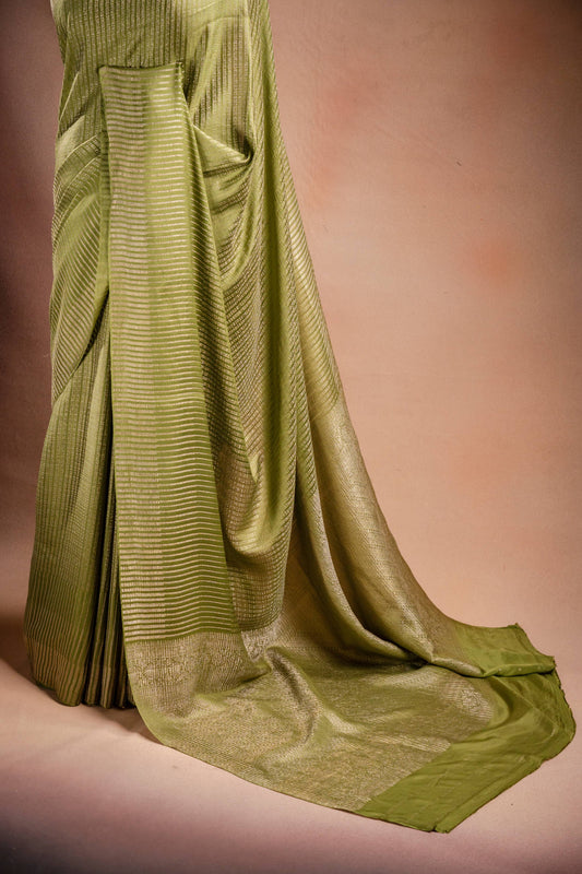 Green Crepe Silk Saree with Zari Stripes