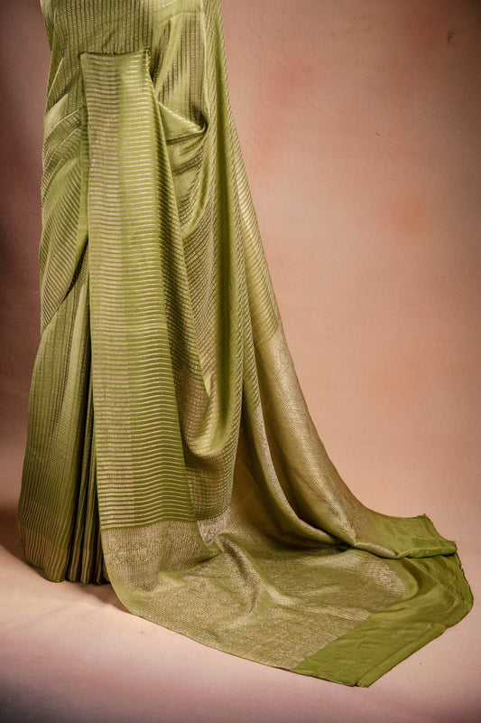 Green Crepe Silk Saree with Zari Stripes
