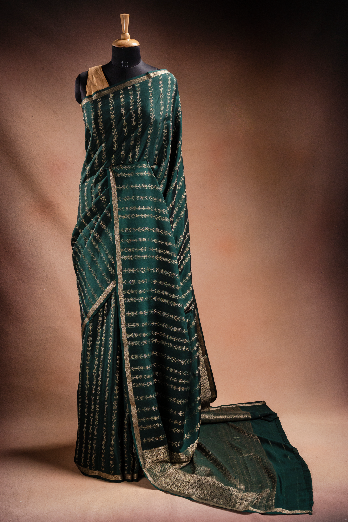 Green Crepe Silk Saree with Floral Zari Stripes