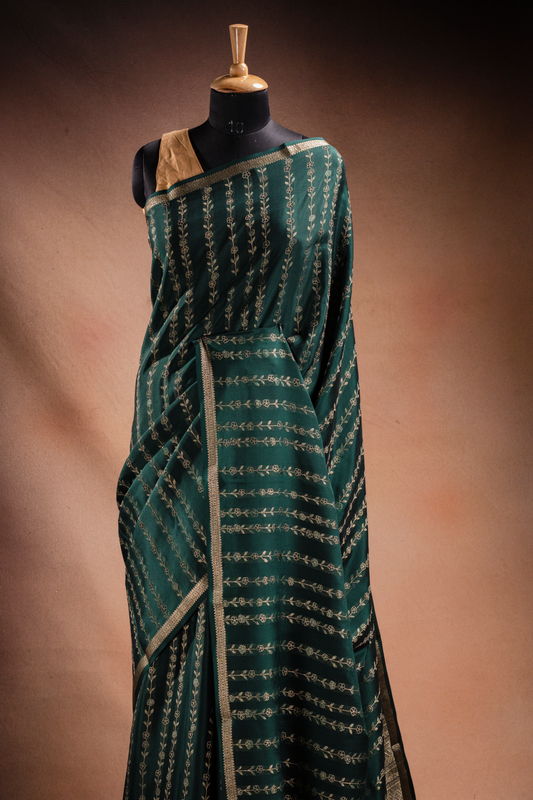 Green Crepe Silk Saree with Floral Zari Stripes