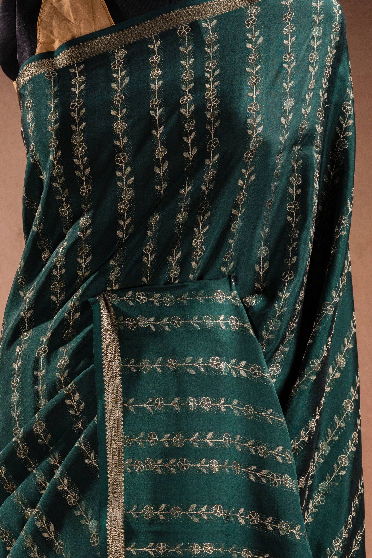 Green Crepe Silk Saree with Floral Zari Stripes
