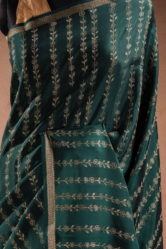 Green Crepe Silk Saree with Floral Zari Stripes