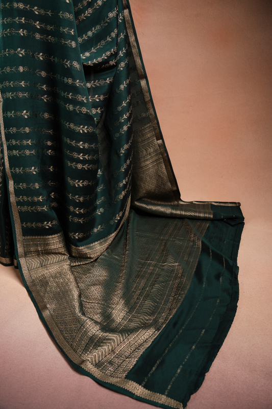 Green Crepe Silk Saree with Floral Zari Stripes