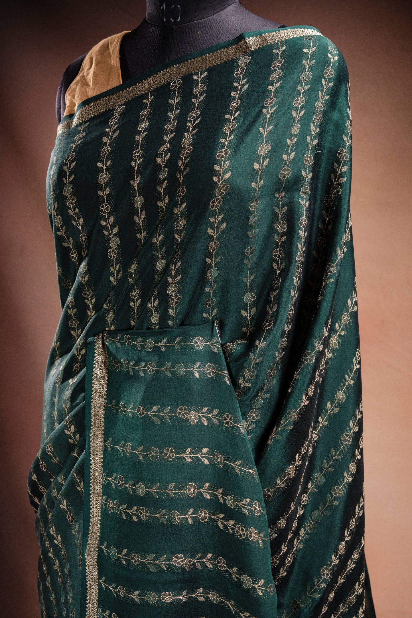 Green Crepe Silk Saree with Floral Zari Stripes