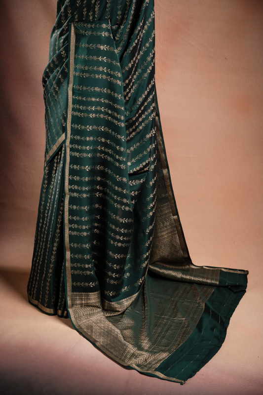 Green Crepe Silk Saree with Floral Zari Stripes