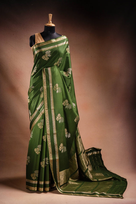 Green Crepe Silk Saree with Double Mispick Zari Roses
