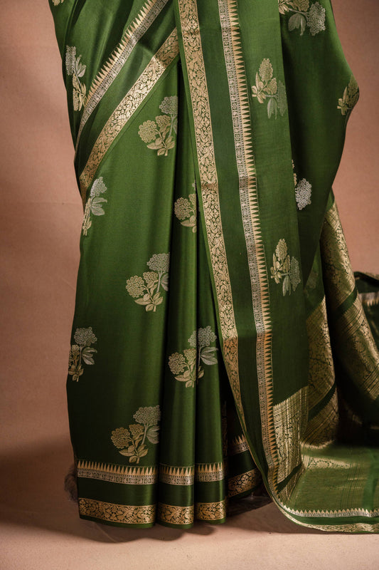 Green Crepe Silk Saree with Double Mispick Zari Roses
