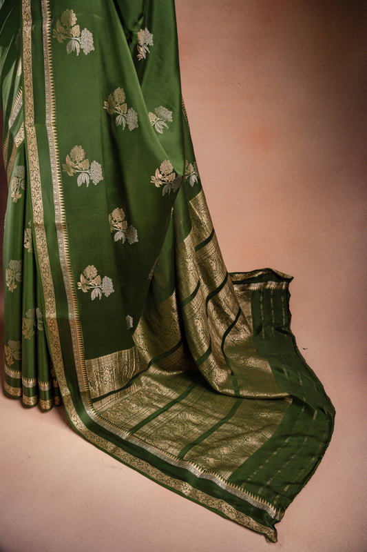 Green Crepe Silk Saree with Double Mispick Zari Roses