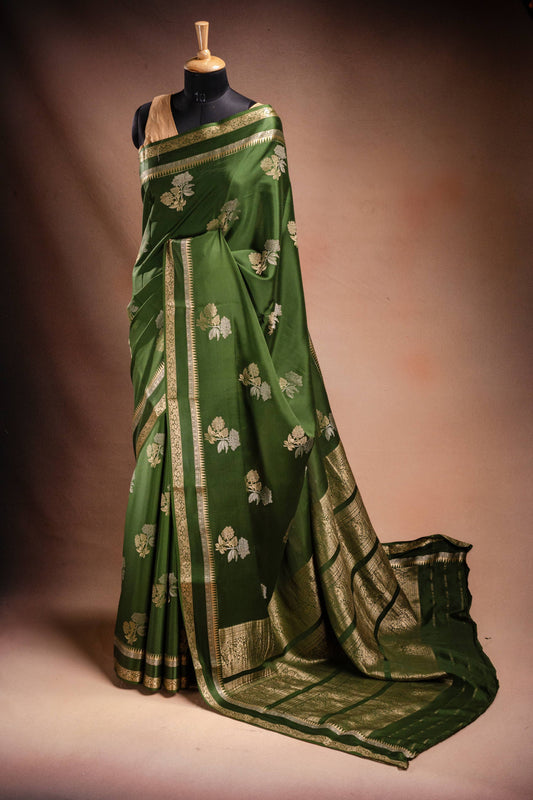 Green Crepe Silk Saree with Double Mispick Zari Roses