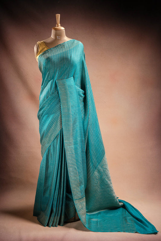 Blue Crepe Silk Saree with Zari Stripes