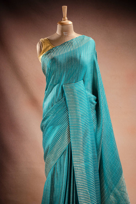Blue Crepe Silk Saree with Zari Stripes