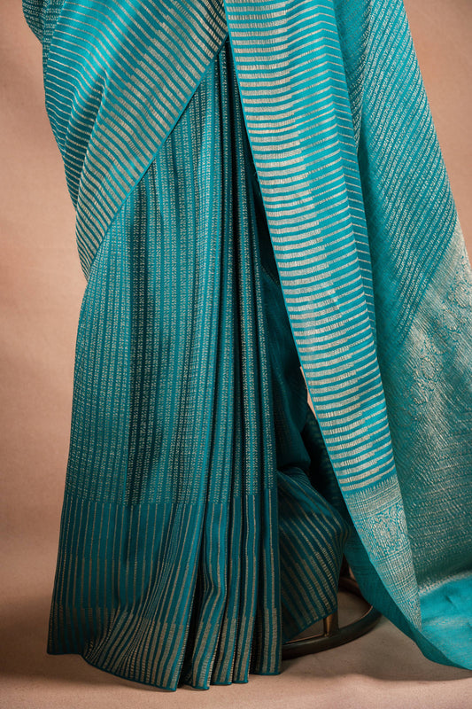 Blue Crepe Silk Saree with Zari Stripes