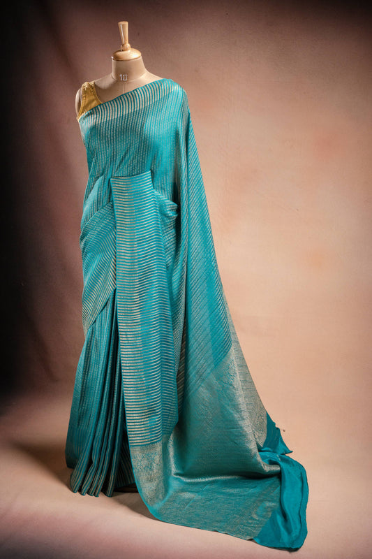 Blue Crepe Silk Saree with Zari Stripes