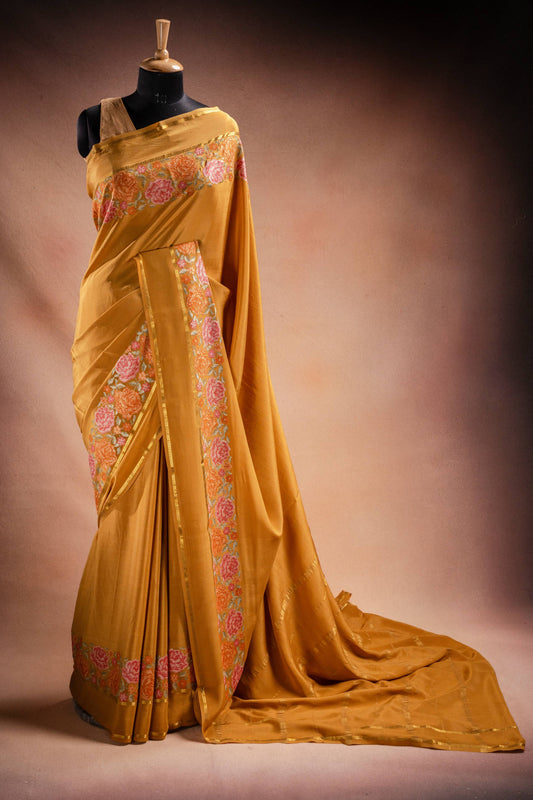 Mustard Crepe Saree with Floral Embroidery Border