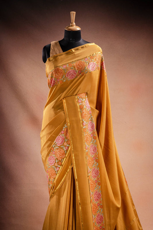Mustard Crepe Saree with Floral Embroidery Border