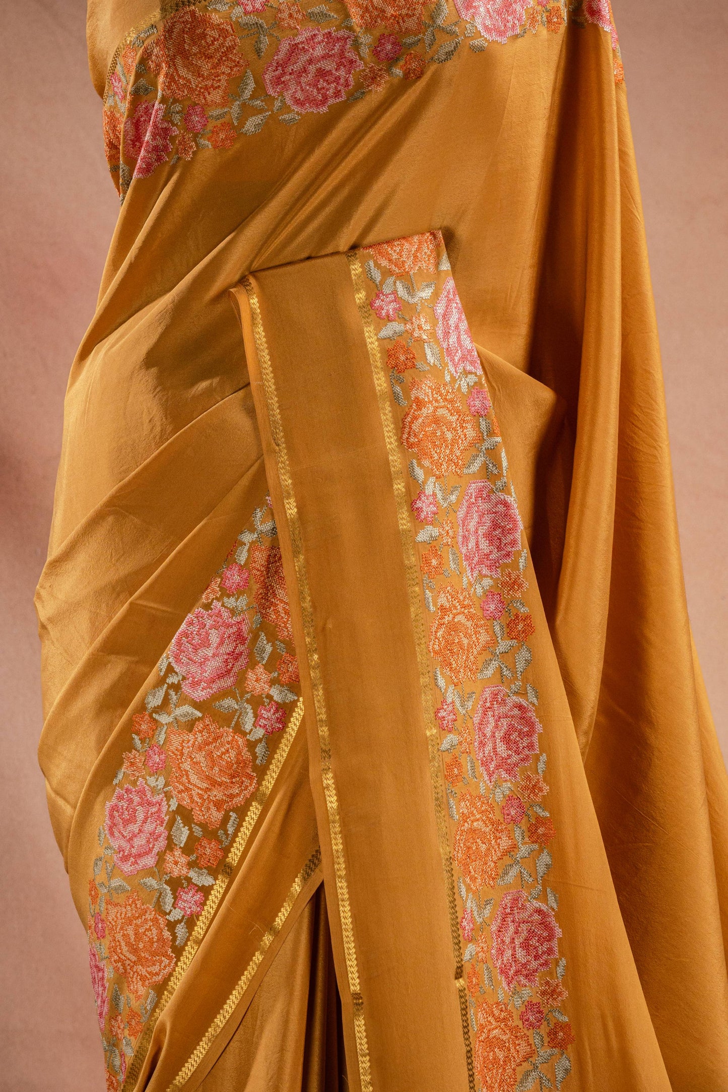 Mustard Crepe Saree with Floral Embroidery Border