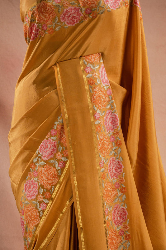 Mustard Crepe Saree with Floral Embroidery Border