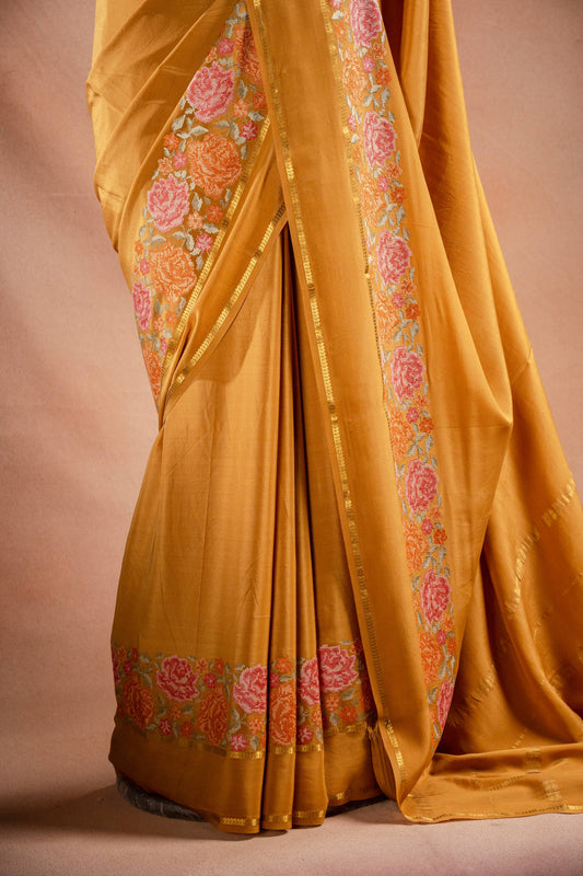 Mustard Crepe Saree with Floral Embroidery Border